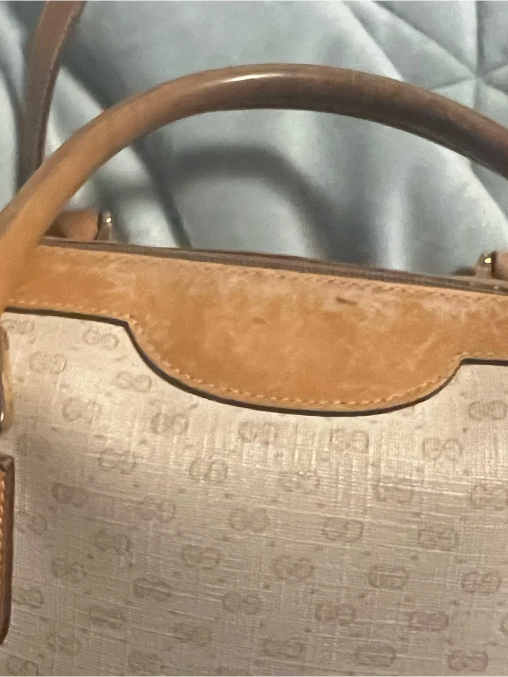 Vintage Gucci Beige gg Monogram Satchel Boston bag speedy tan Leather Handles